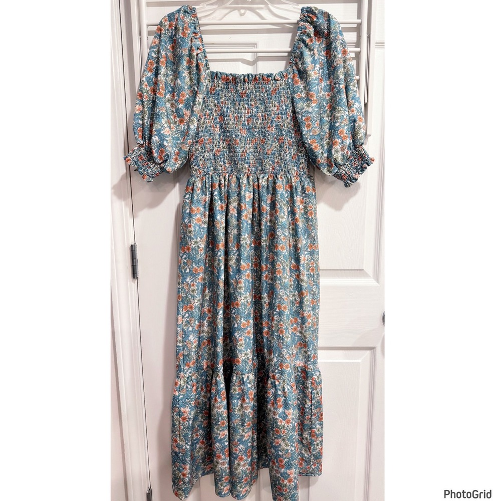 Blue Floral Ruched Midi Dress Boho Indie Vacation Party Medium